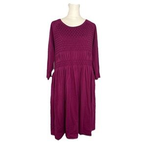 Soft Surroundings Sylvie Burgundy Smocked Jersey Knit 3/4 Sleeve Dress Size M